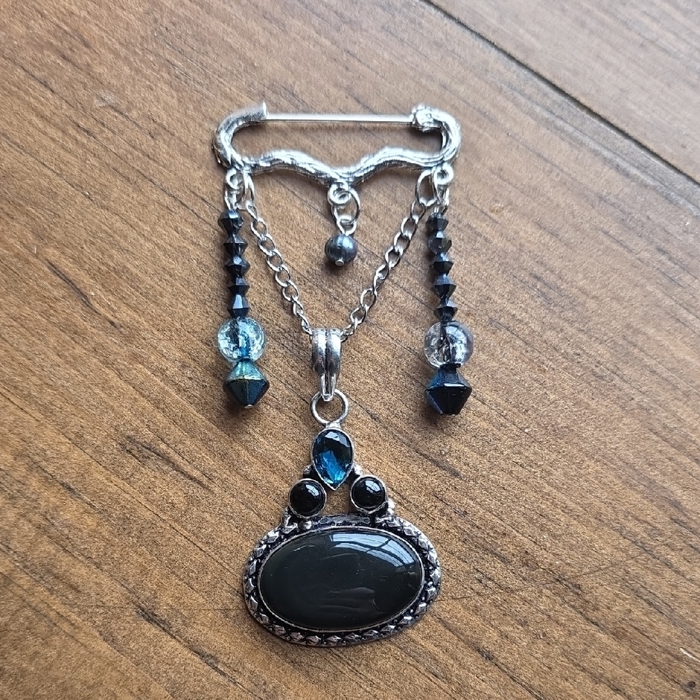 Hand Crafted Silver and Black Chain Brooch